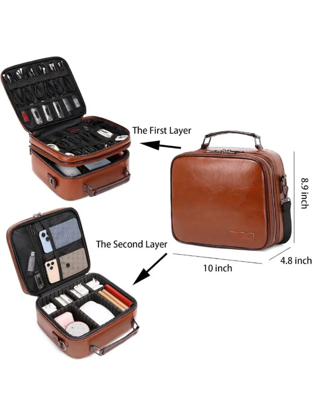 Large Waterproof Electronics Travel Organizer Bag - Adjustable Dividers, Double